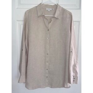 Chico's 100% Linen Button Down Shirt Size 14 Beige Long Sleeve Roll Tab Top